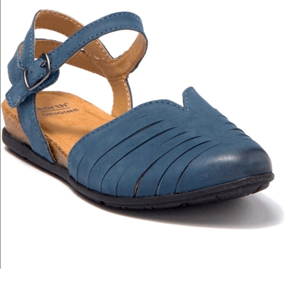 Earth Origins Peyton Leather Cushioned Footbed Wedge Sandals Ankle Strap Size 7M